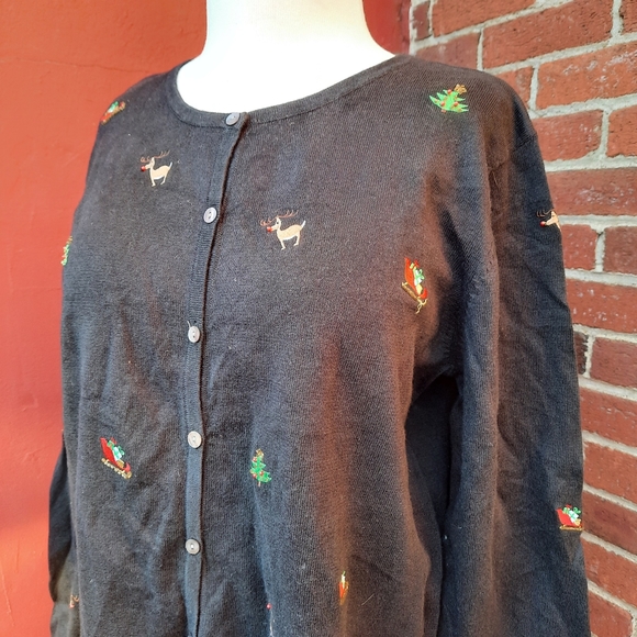 Vintage Y2K Ugly Christmas Sweater Embroidered Reindeer Cardigan Holiday - Picture 3 of 10